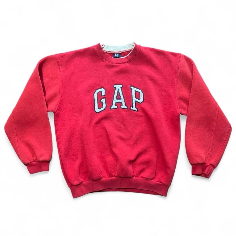 Vintage 90s Gap Red Mock Neck Collar Embroidered Spellout Logo Crewneck MED
